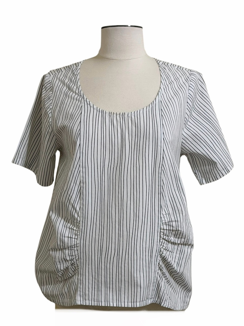 TULIP White Cotton Black Stripes Side Ruched Scoop Neck Minimalist Top Sz XS